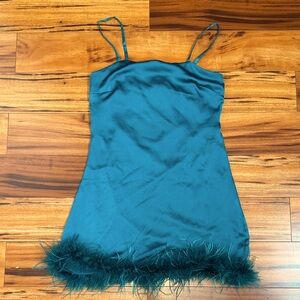 Homecoming or Winter formal Chic Teal Satin Dress with Feather Hem